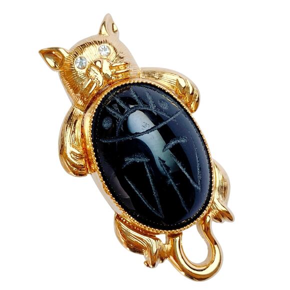 VTG 60s Gemstone Brooch Cat Black Scarab Egyptian Revival Figural Gold Tone Pin - Picture 1 of 10
